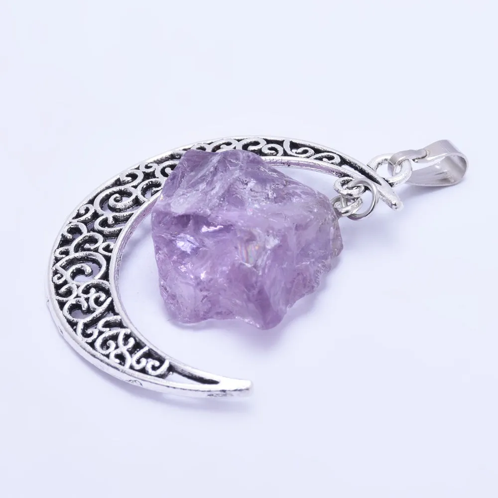 1 Purple 36mm Hollow Moon Shape Irregular Natural Stone Healing Fashion Jewelry Charm Rose Quartz Crystal High Quality Pendant