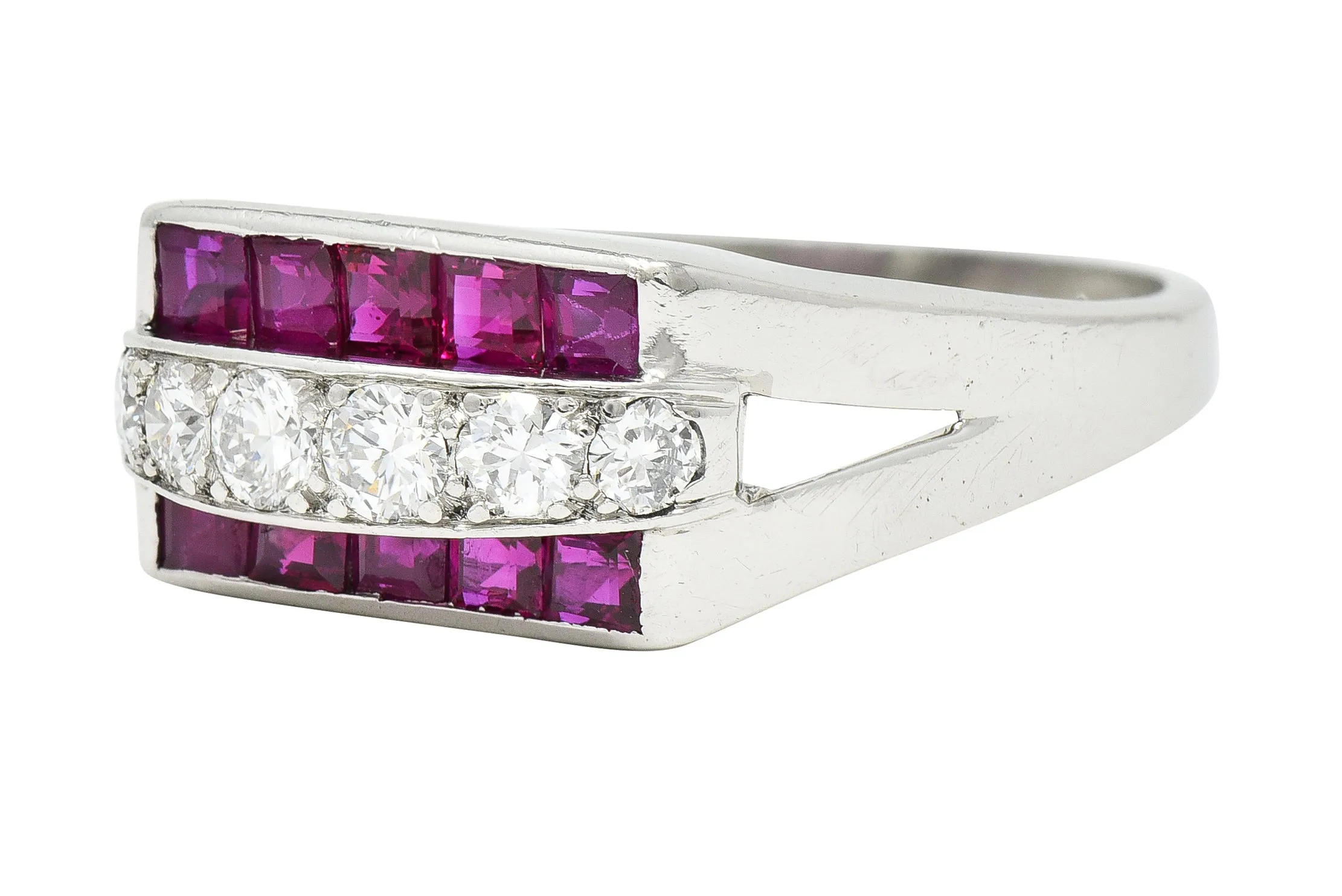 1950's Mid-Century 1.05 CTW Ruby Diamond Platinum Band Ring