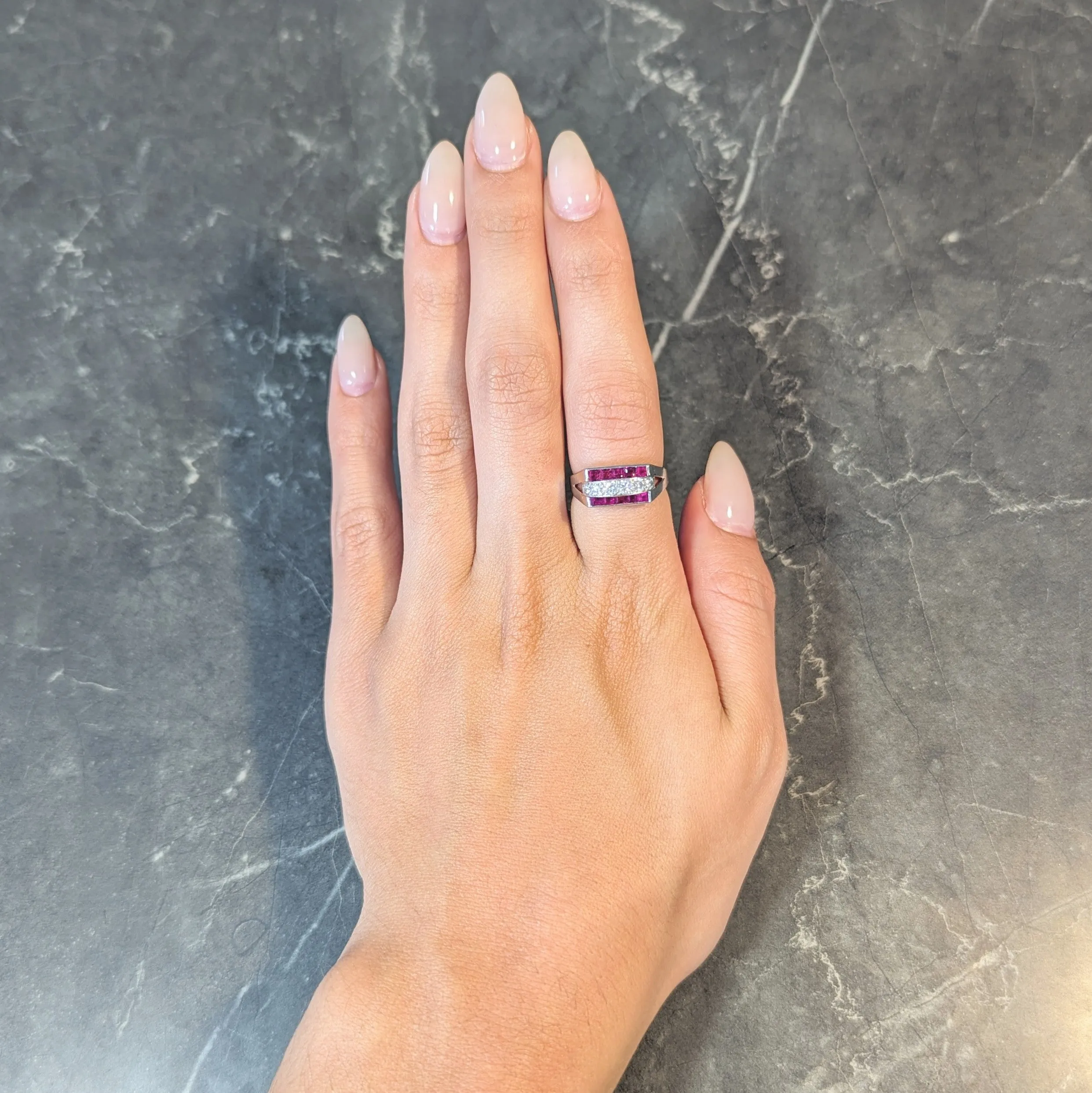 1950's Mid-Century 1.05 CTW Ruby Diamond Platinum Band Ring