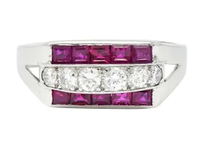 1950's Mid-Century 1.05 CTW Ruby Diamond Platinum Band Ring