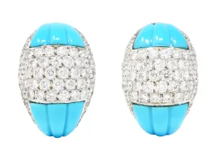 1960's Vintage 5.50 CTW Pave Diamond Turquoise 18 Karat White Gold Earrings
