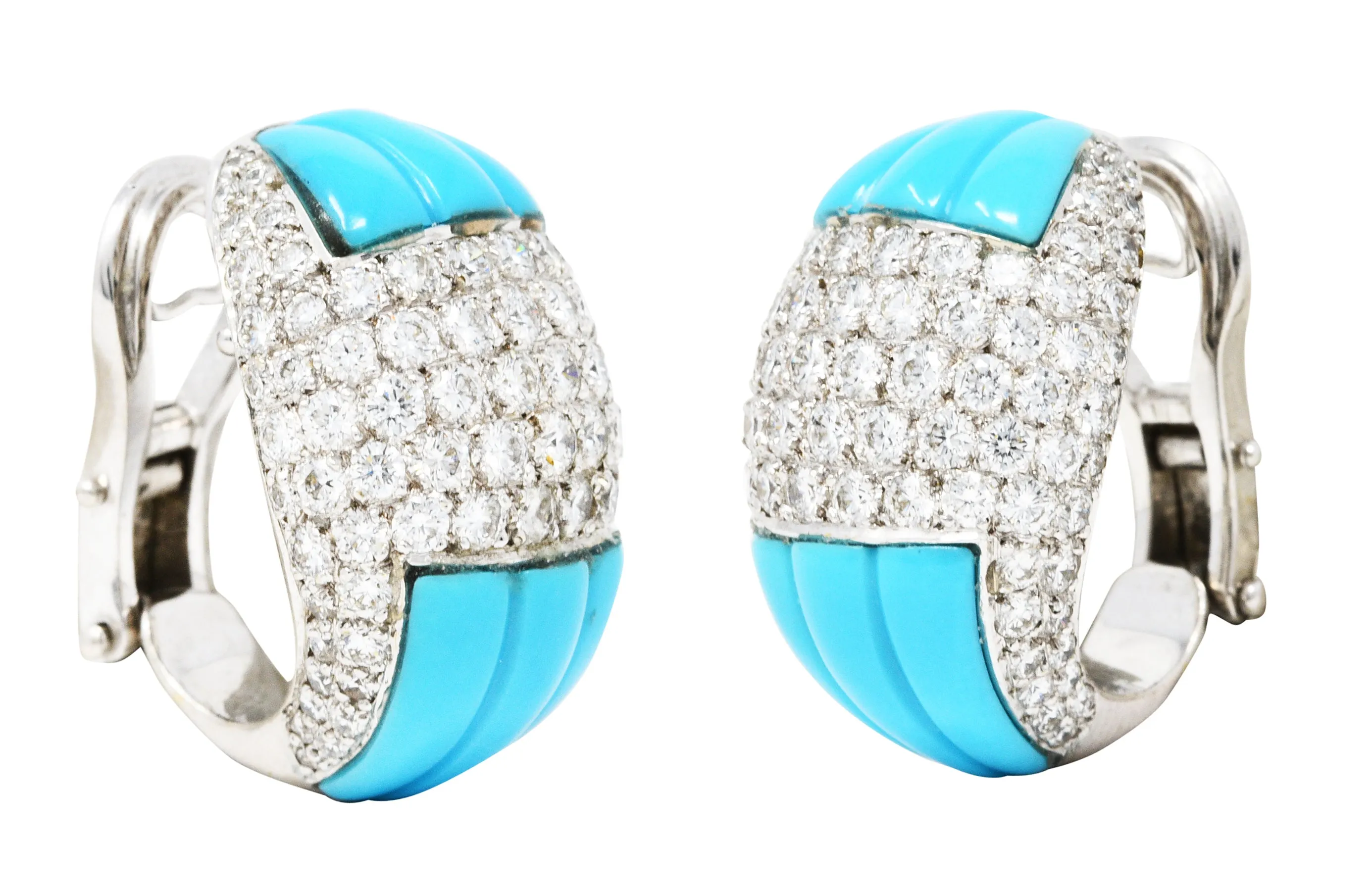 1960's Vintage 5.50 CTW Pave Diamond Turquoise 18 Karat White Gold Earrings