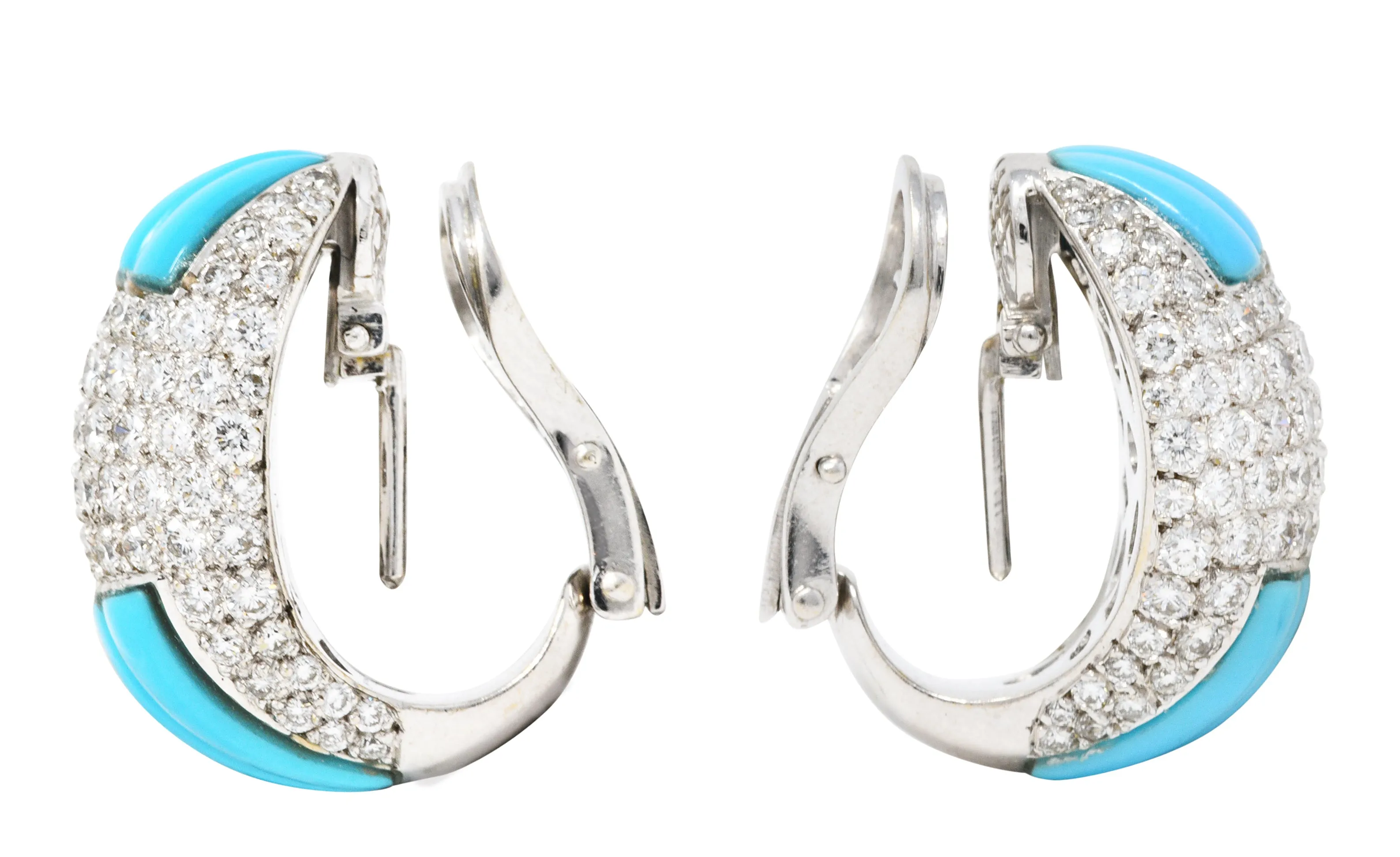1960's Vintage 5.50 CTW Pave Diamond Turquoise 18 Karat White Gold Earrings