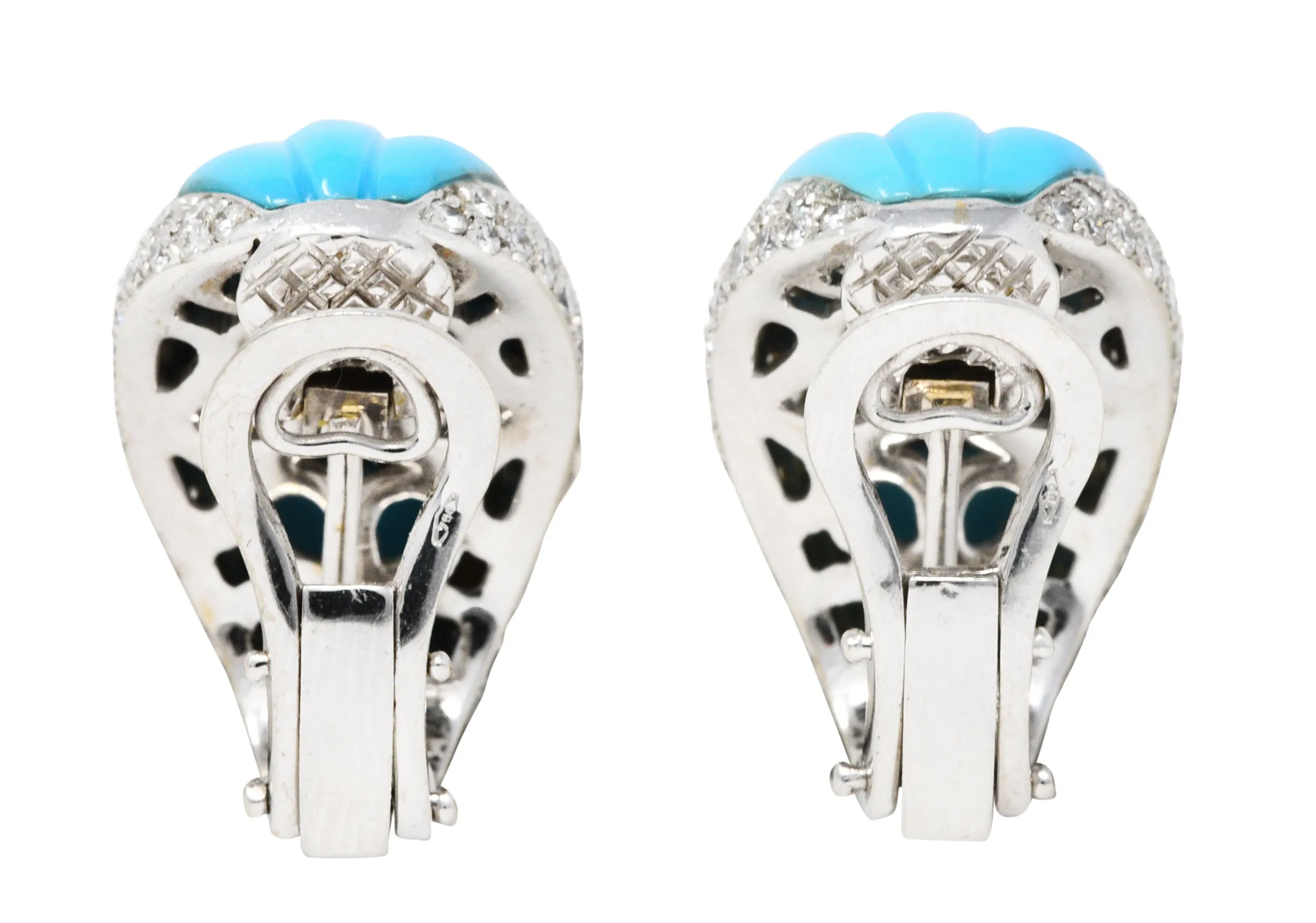 1960's Vintage 5.50 CTW Pave Diamond Turquoise 18 Karat White Gold Earrings
