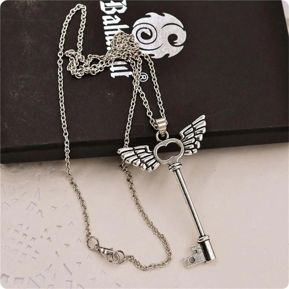 Angel Wings Key Silver Pendant Long Chain Necklace