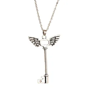 Angel Wings Key Silver Pendant Long Chain Necklace