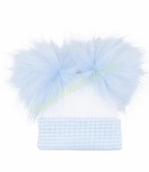 Baby white/blue trim  luxury faux fur double Pom Pom Hat