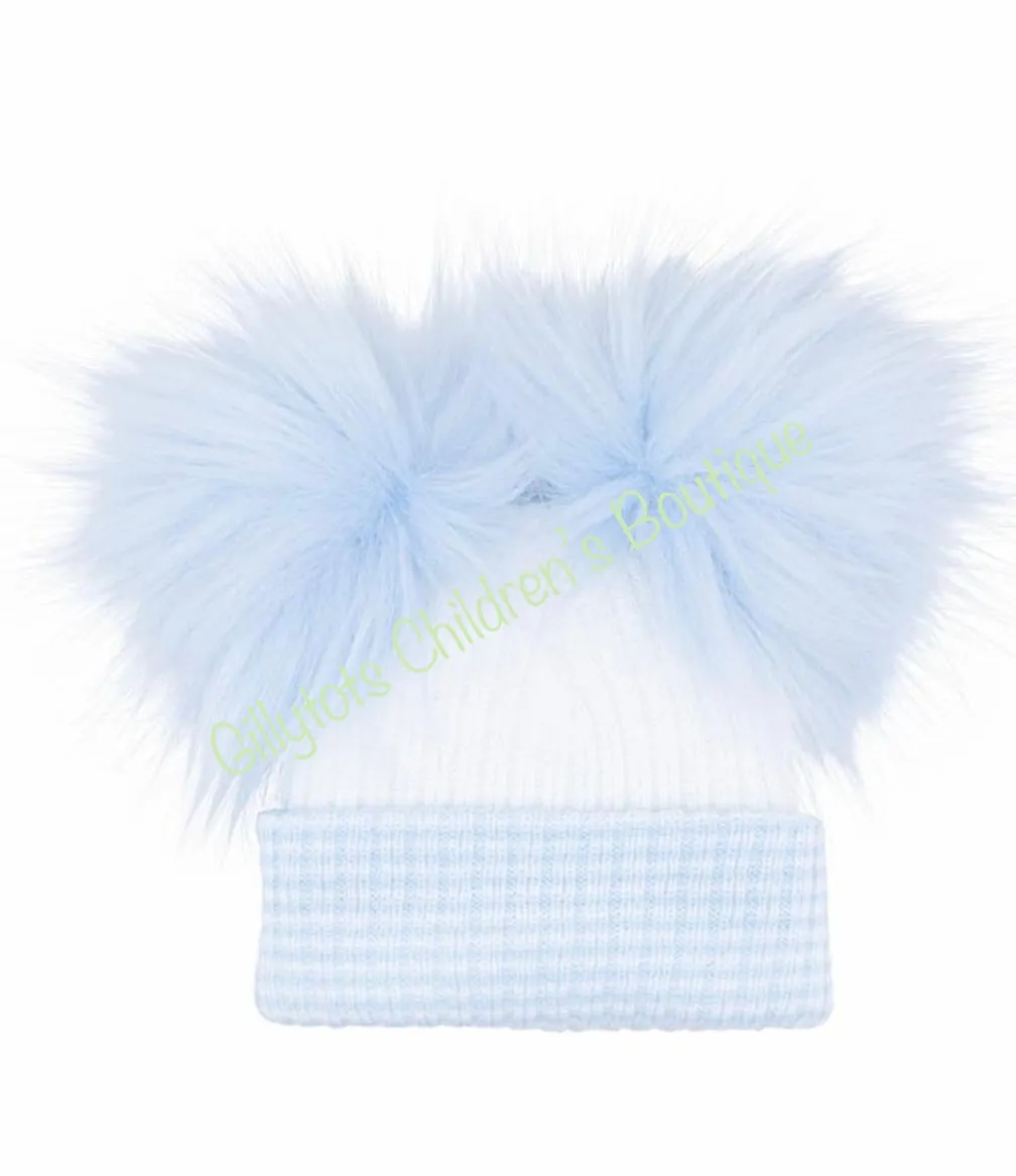 Baby white/blue trim  luxury faux fur double Pom Pom Hat