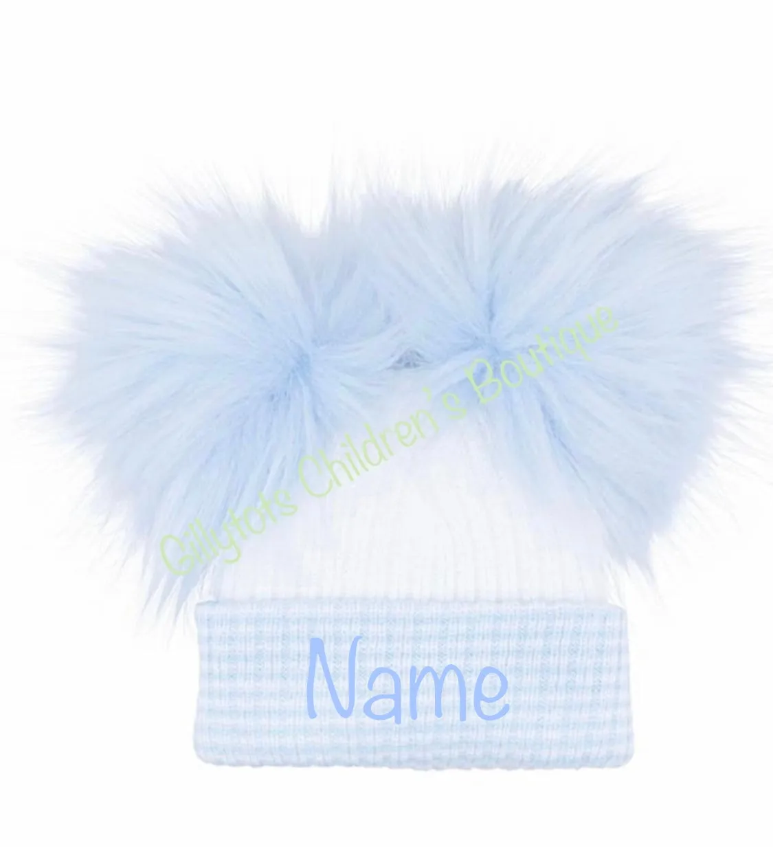 Baby white/blue trim  luxury faux fur double Pom Pom Hat