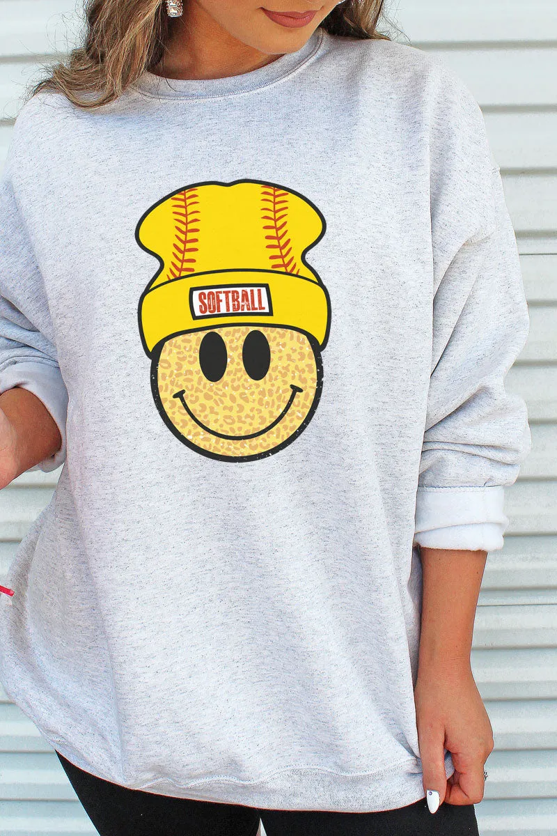 Beanie Softball Happy Face Heavy-weight Crew Sweatshirt