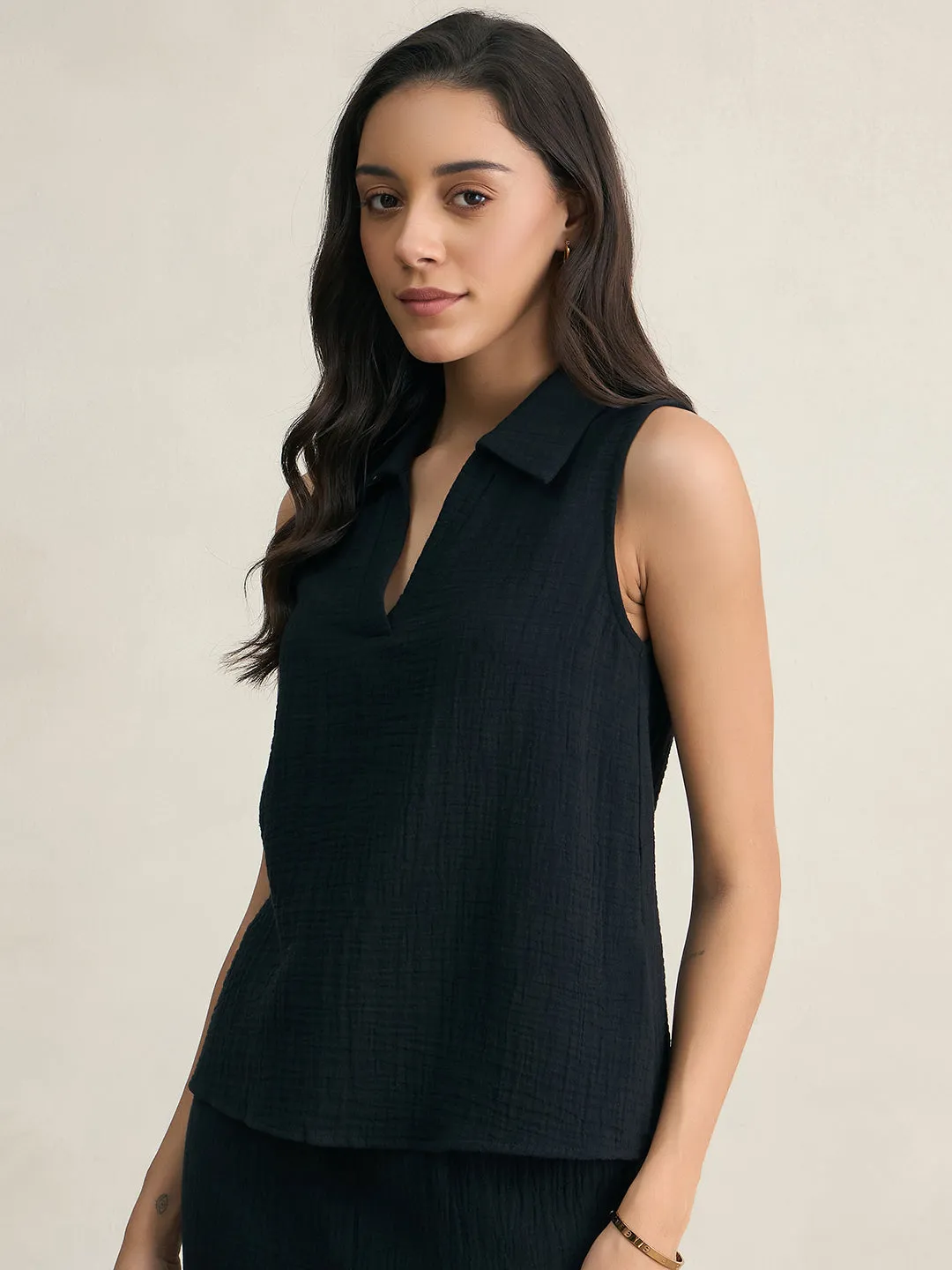 Black Cotton Sleeveless Top With Straight Pant