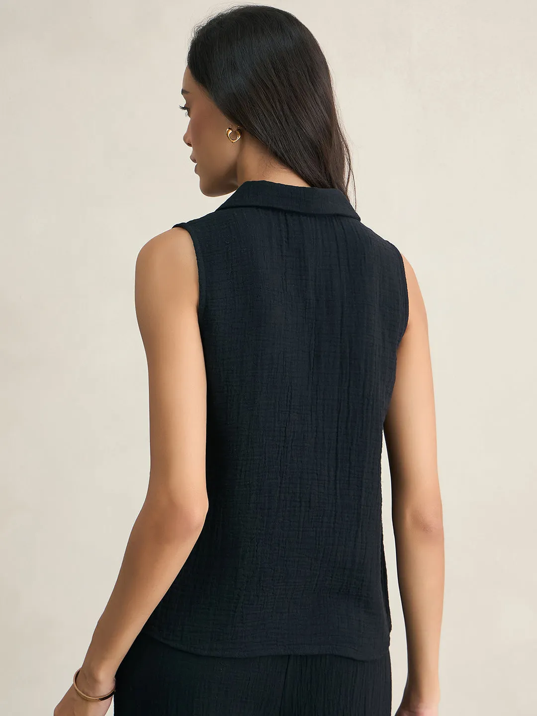 Black Cotton Sleeveless Top With Straight Pant
