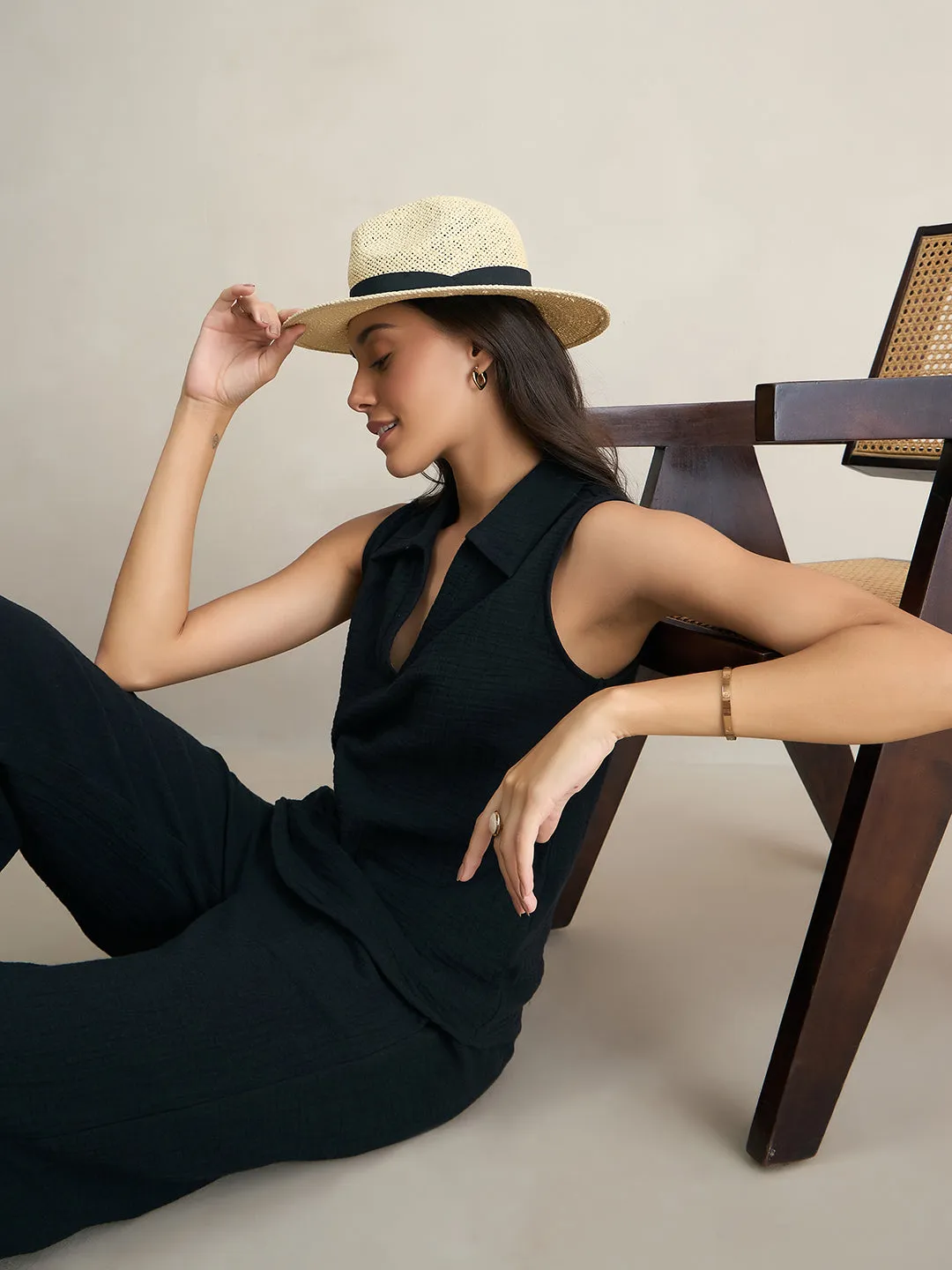 Black Cotton Sleeveless Top With Straight Pant