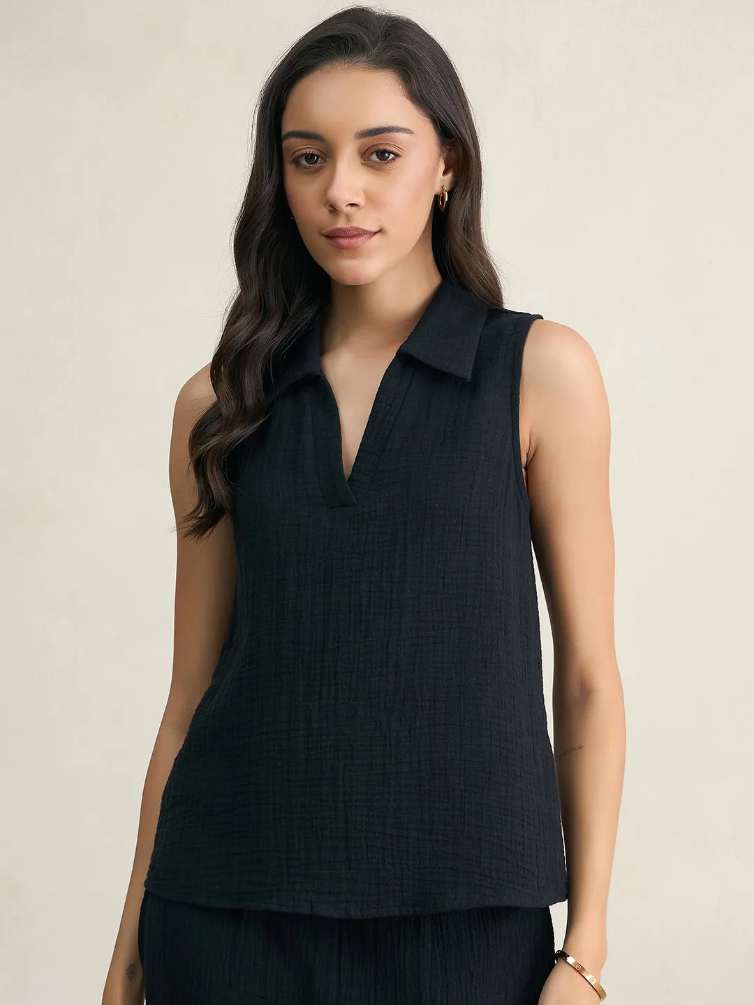 Black Cotton Sleeveless Top With Straight Pant