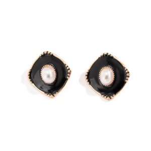 Black Enamel & Pearl 18K Gold-Plated Rhombus Stud Earrings