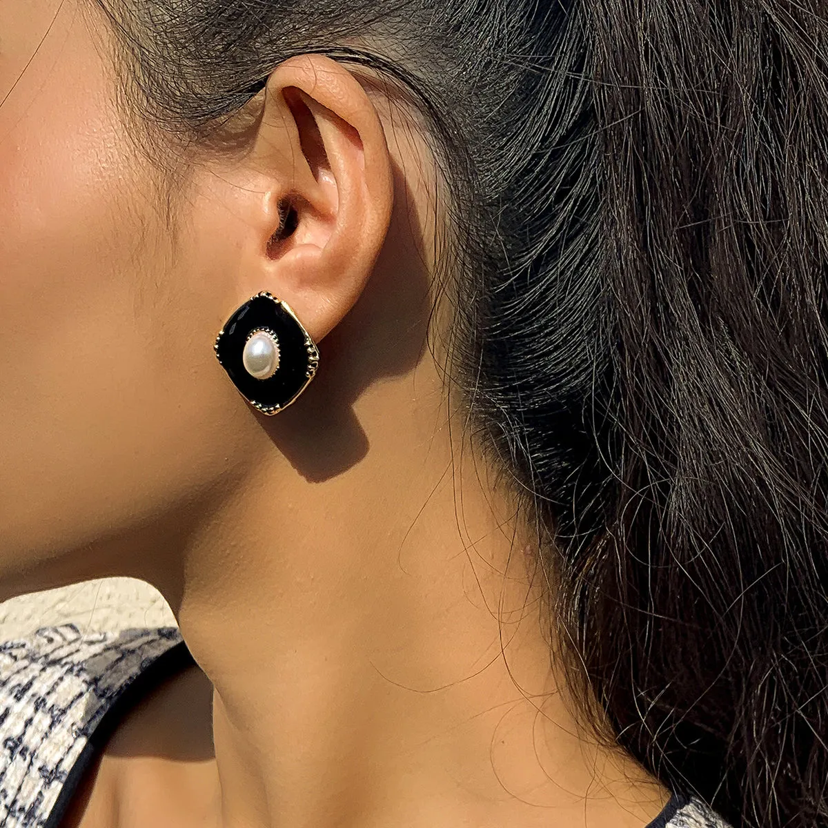 Black Enamel & Pearl 18K Gold-Plated Rhombus Stud Earrings