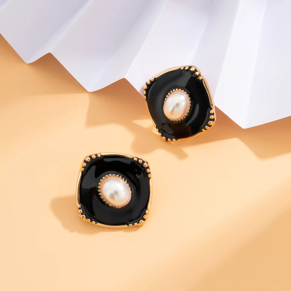 Black Enamel & Pearl 18K Gold-Plated Rhombus Stud Earrings