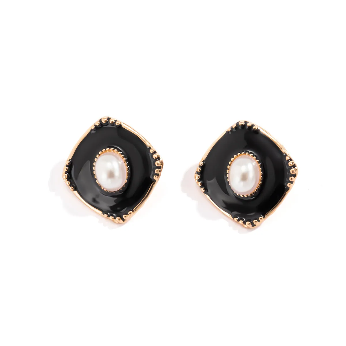 Black Enamel & Pearl 18K Gold-Plated Rhombus Stud Earrings