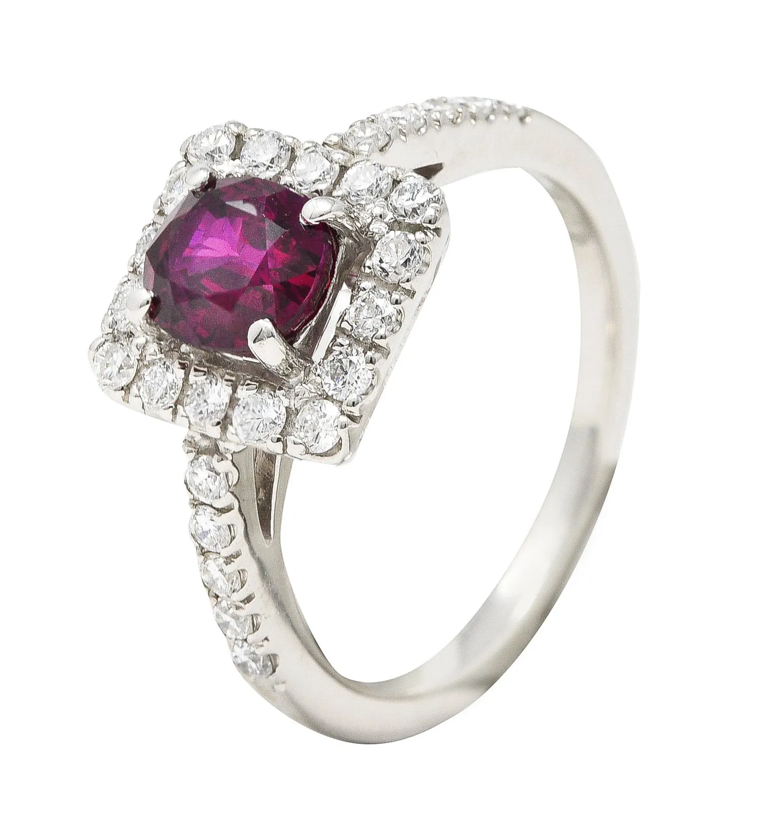 Contemporary 1.47 CTW Cushion Cut Ruby Diamond Platinum Square Halo Ring