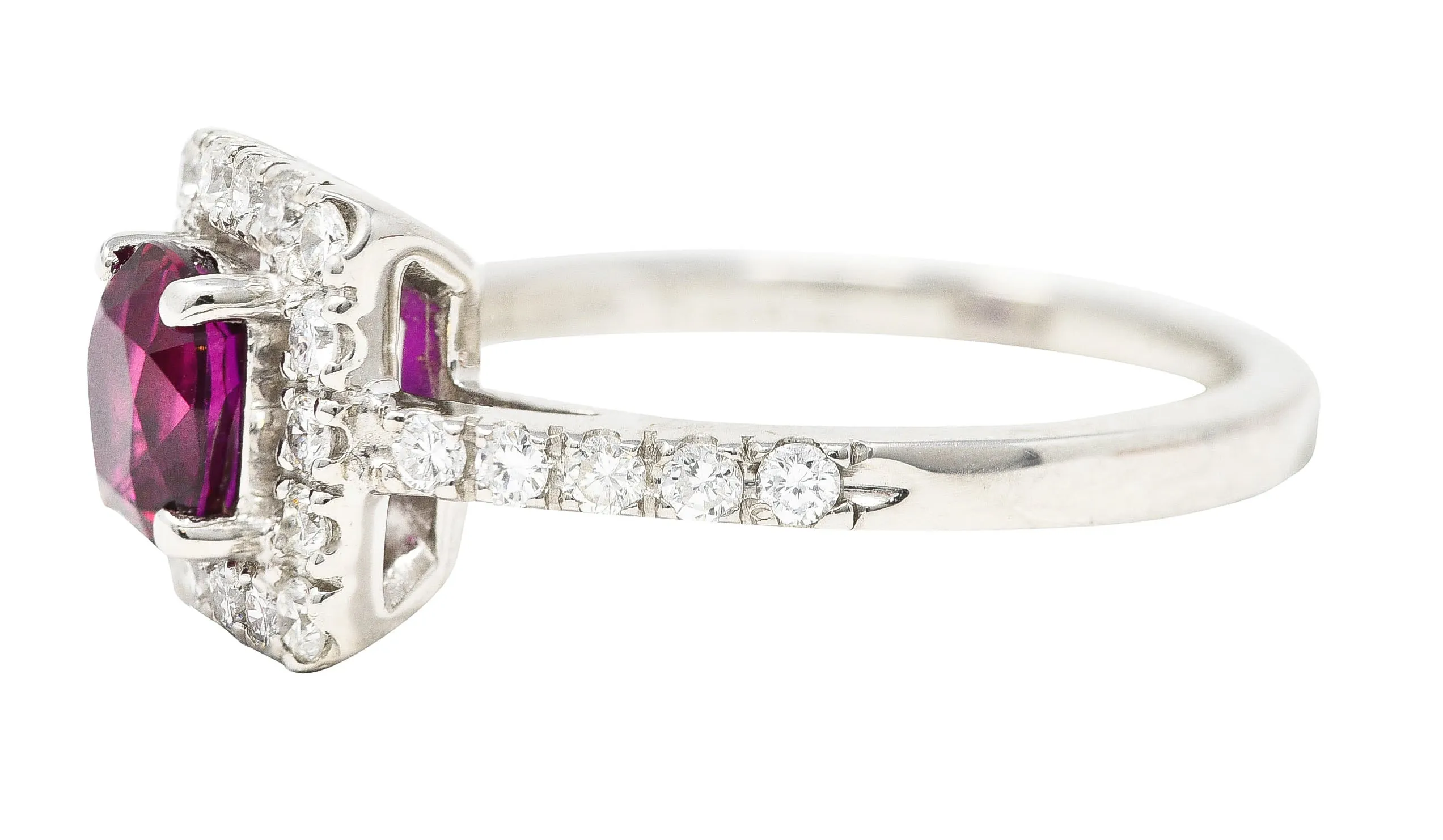 Contemporary 1.47 CTW Cushion Cut Ruby Diamond Platinum Square Halo Ring