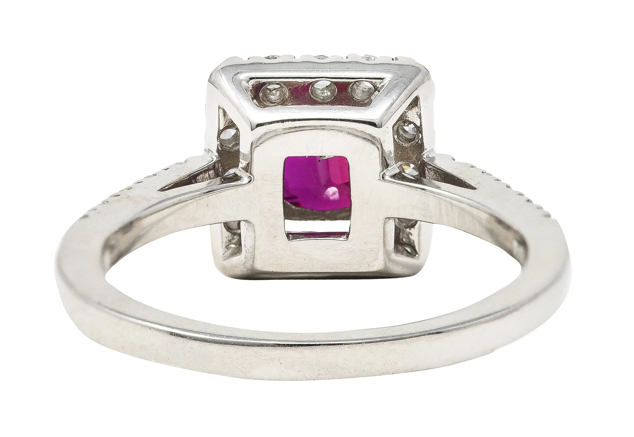 Contemporary 1.47 CTW Cushion Cut Ruby Diamond Platinum Square Halo Ring