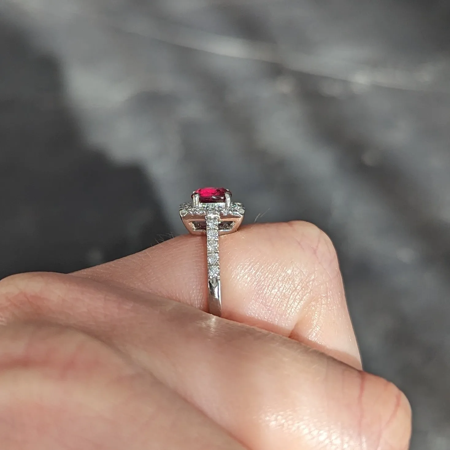 Contemporary 1.47 CTW Cushion Cut Ruby Diamond Platinum Square Halo Ring