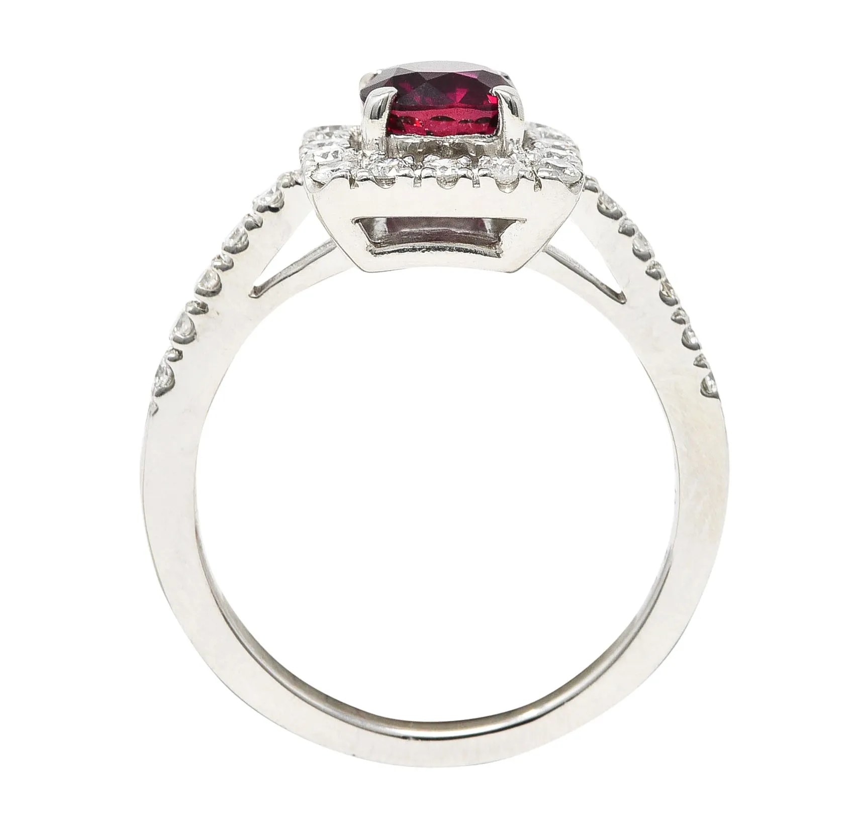 Contemporary 1.47 CTW Cushion Cut Ruby Diamond Platinum Square Halo Ring