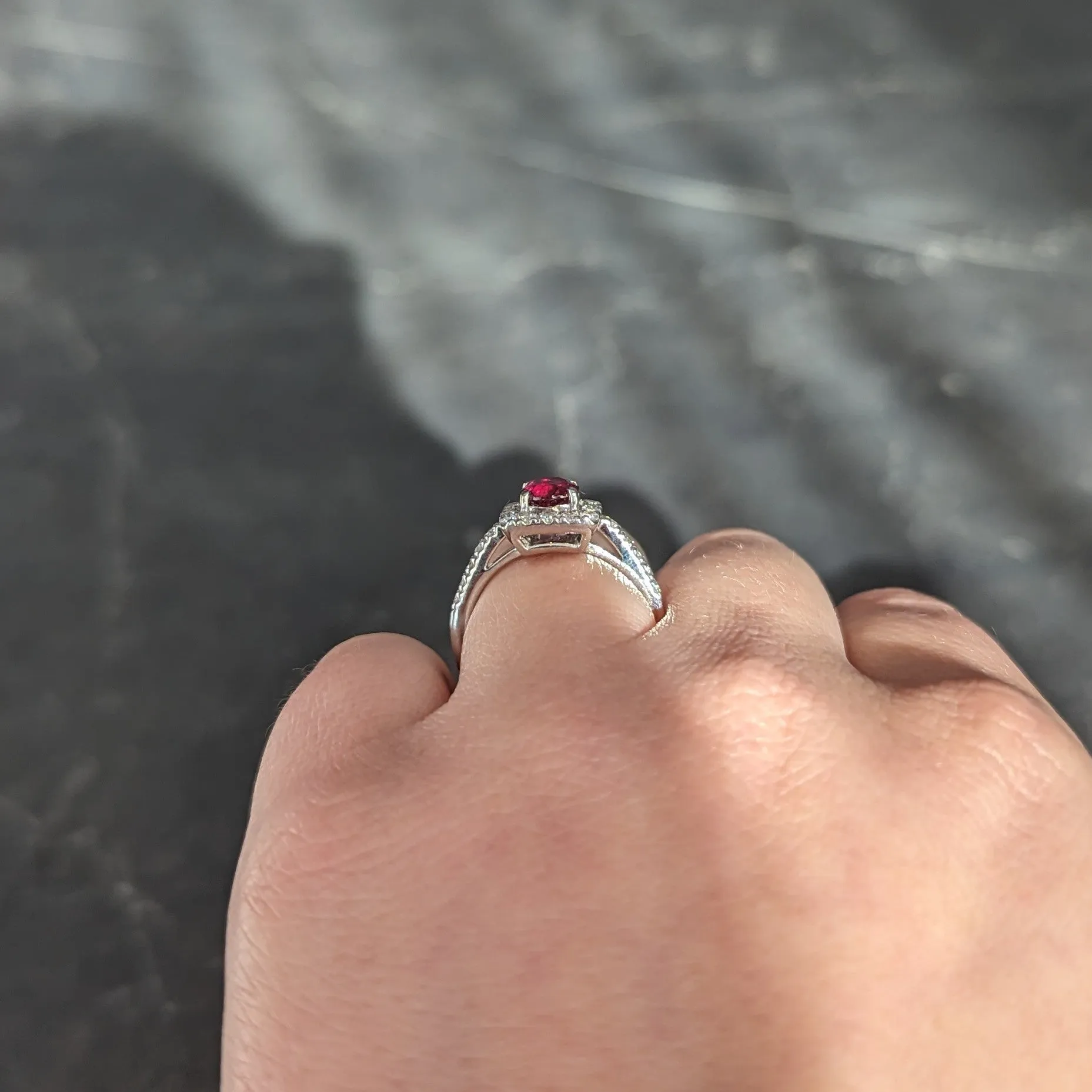 Contemporary 1.47 CTW Cushion Cut Ruby Diamond Platinum Square Halo Ring