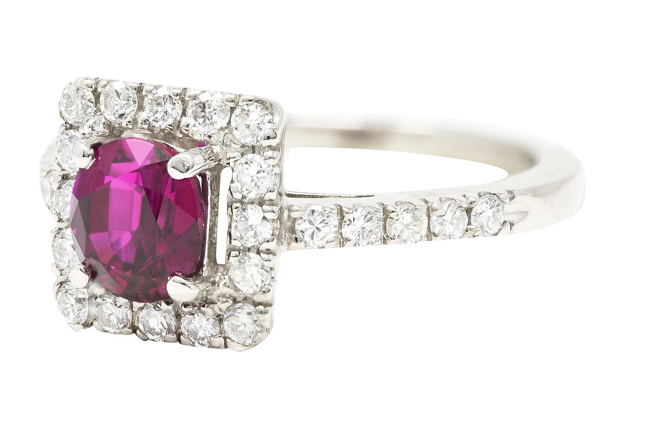 Contemporary 1.47 CTW Cushion Cut Ruby Diamond Platinum Square Halo Ring