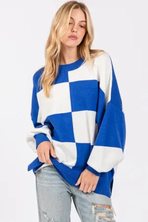 Elaine Checkered Sweater Top-  Royal and White
