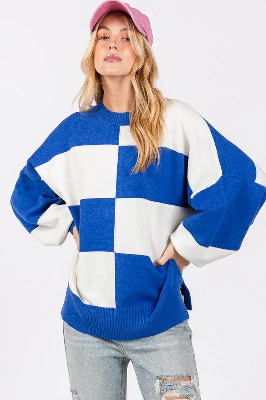 Elaine Checkered Sweater Top-  Royal and White