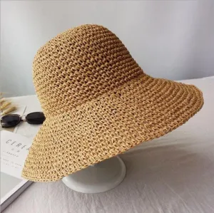 Elegant Summer Women Hand Crochet Hats Collapsible Beach Panama Straw Hat Wide Brim Folded Outdoor Visor Leisure Holiday Sun Hat