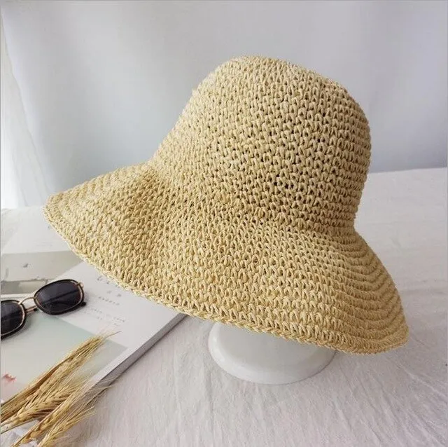 Elegant Summer Women Hand Crochet Hats Collapsible Beach Panama Straw Hat Wide Brim Folded Outdoor Visor Leisure Holiday Sun Hat