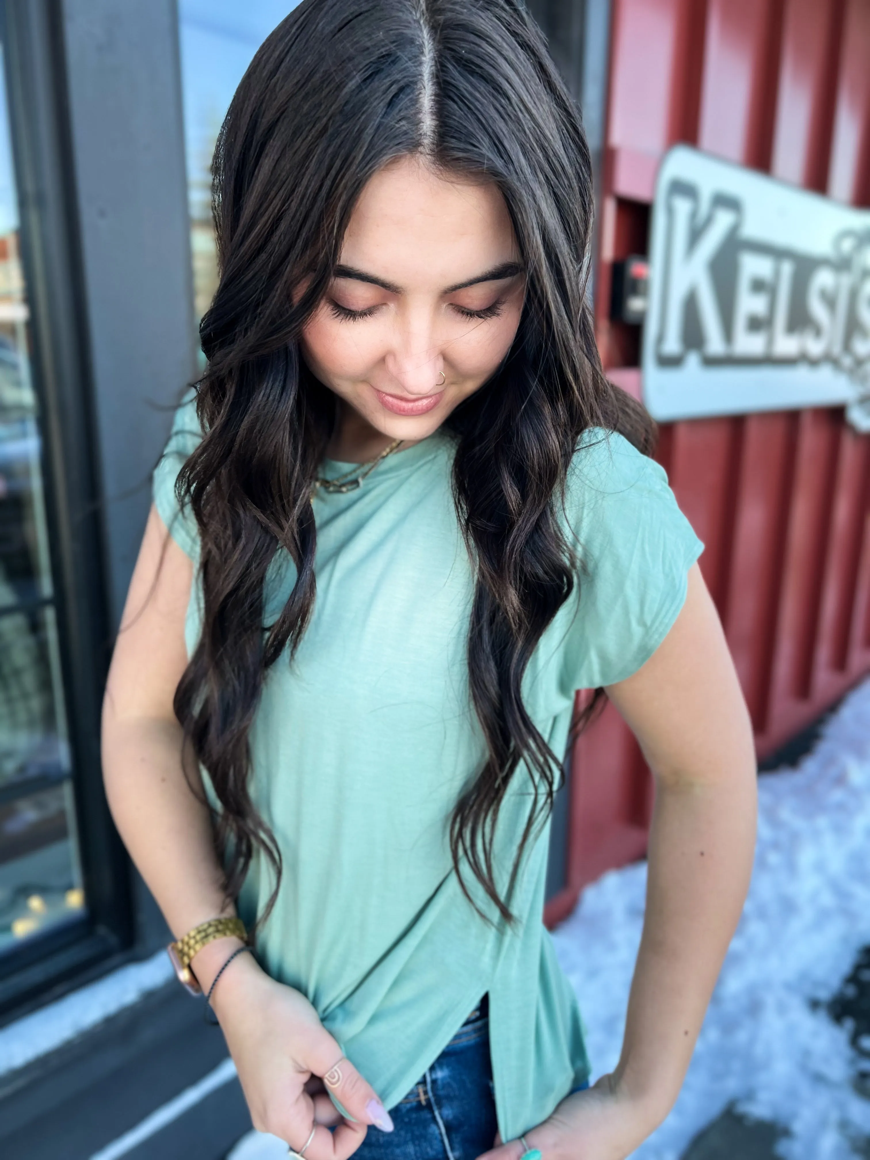 Ella Dolman Sleeve Round NK Tee- Sage