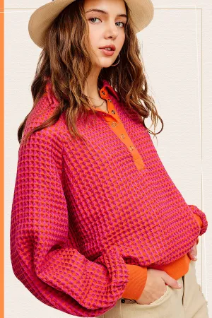 Emmy Oversized Two Tone Textured Top - Passion