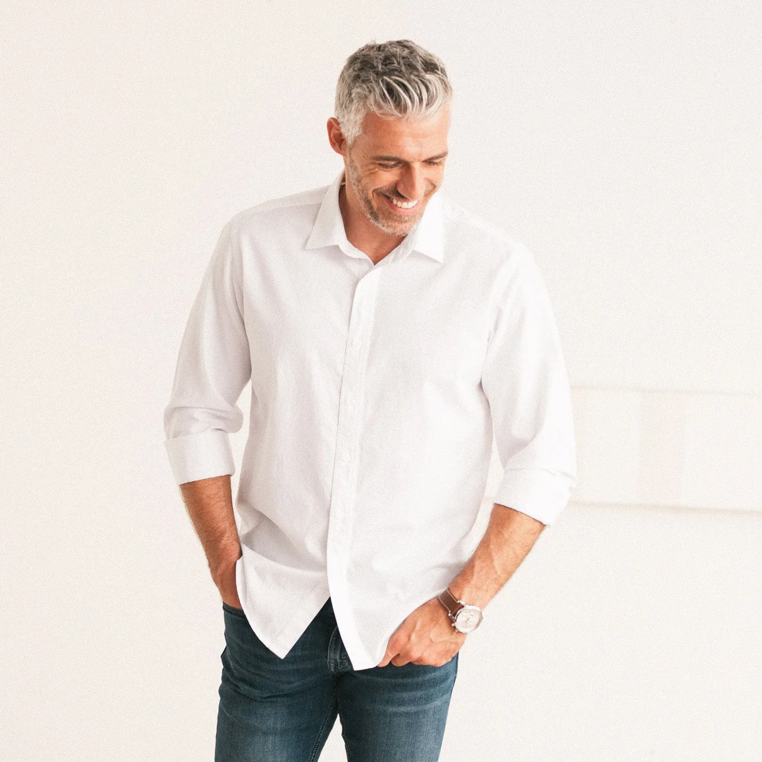 Essential Spread Collar Casual Shirt - Pure White Stretch Cotton Poplin