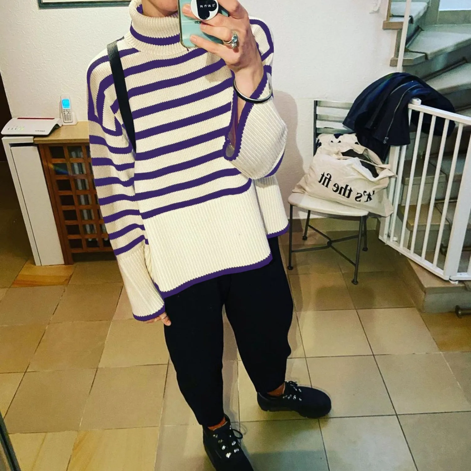 Fashion High Neck Striped Pullover Sweaters