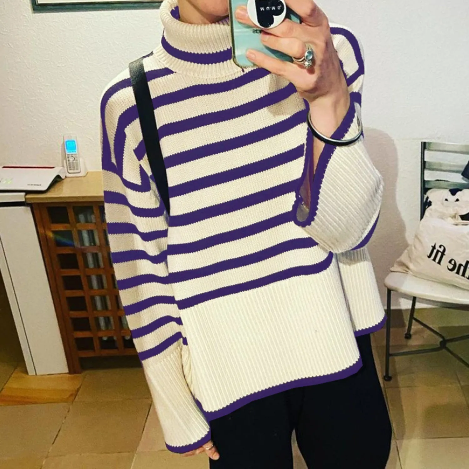 Fashion High Neck Striped Pullover Sweaters