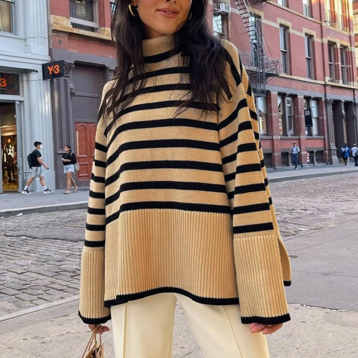 Fashion High Neck Striped Pullover Sweaters