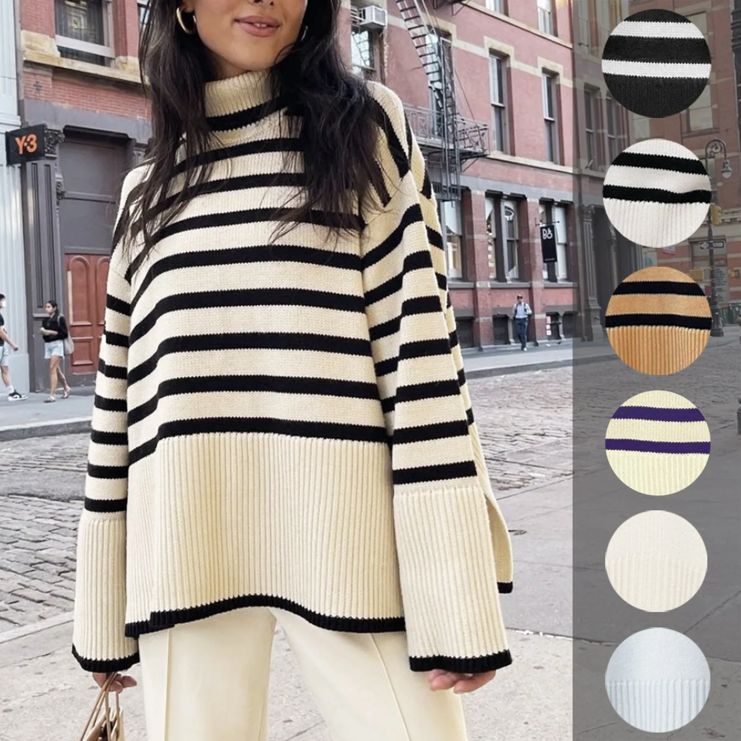 Fashion High Neck Striped Pullover Sweaters