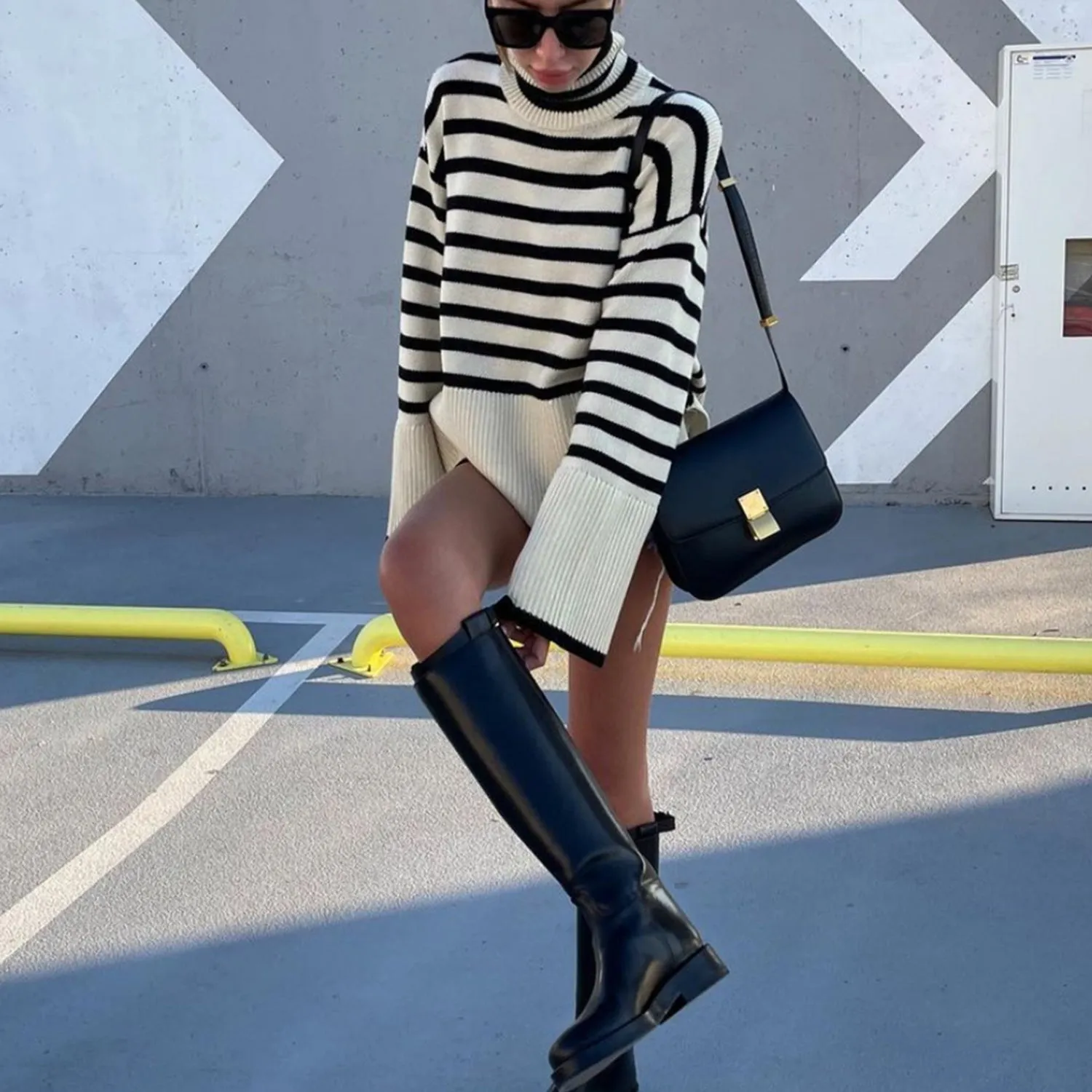 Fashion High Neck Striped Pullover Sweaters