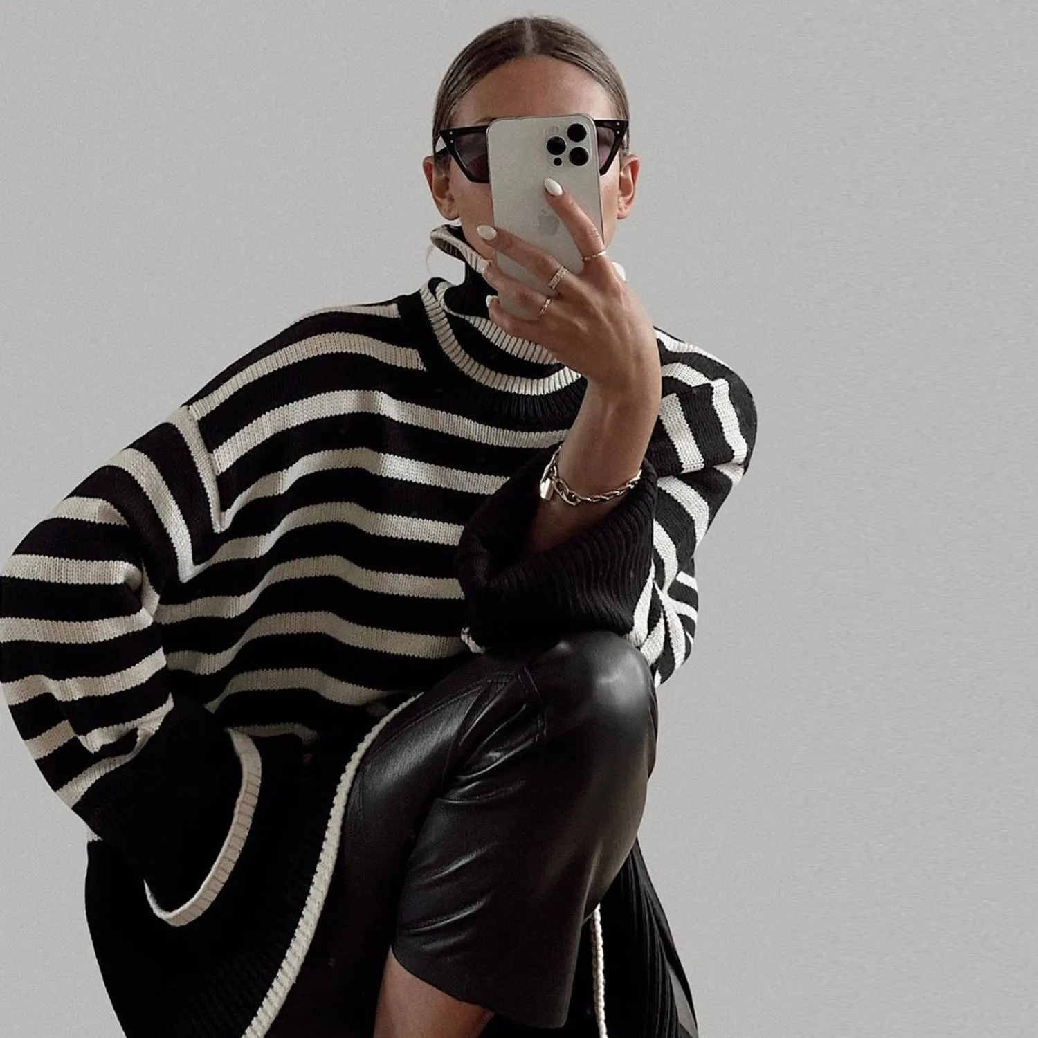 Fashion High Neck Striped Pullover Sweaters