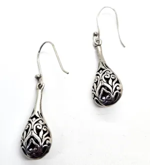 Filigree drop open work tribal Bali Balinese style sterling silver vintage drop earrings