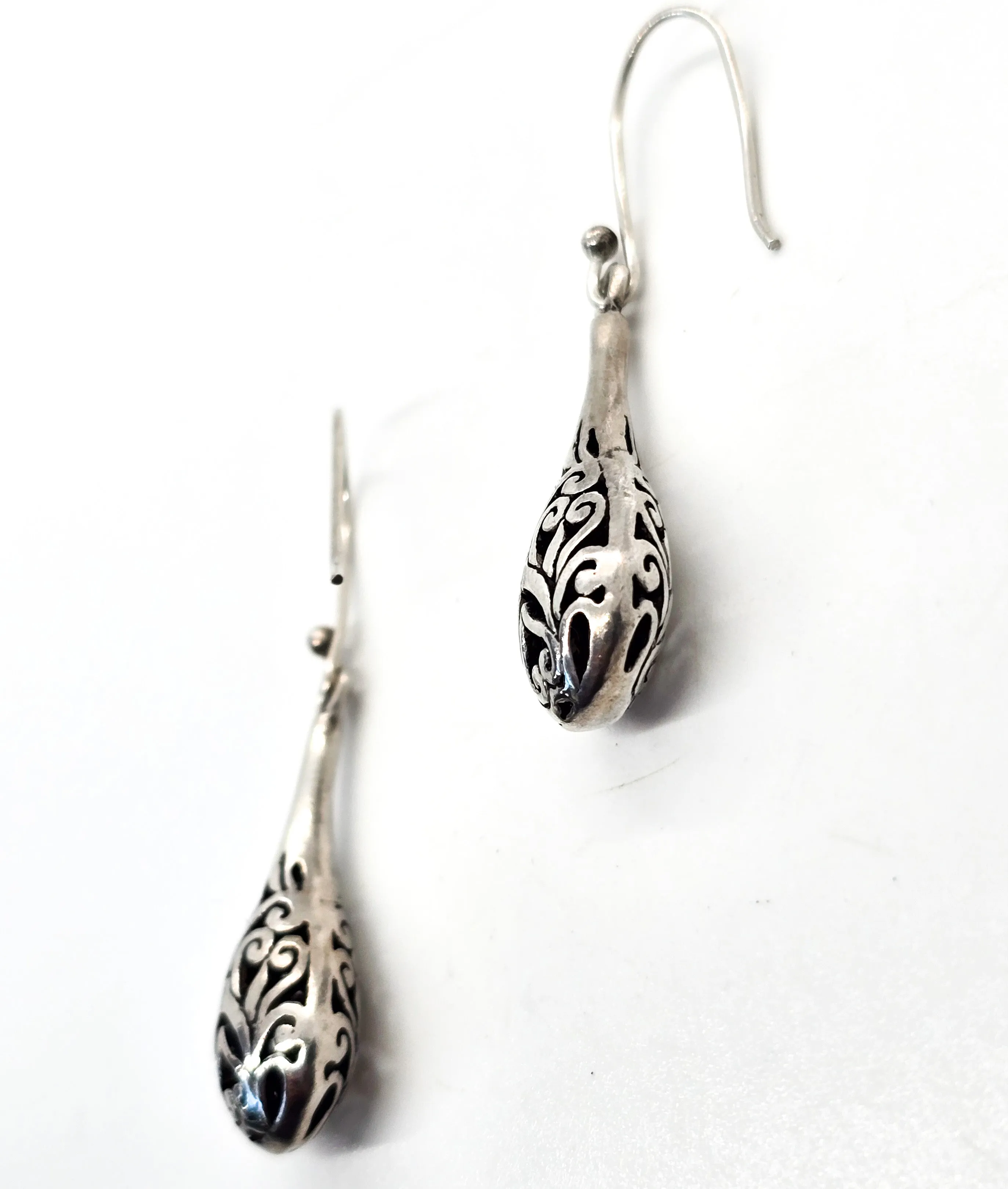 Filigree drop open work tribal Bali Balinese style sterling silver vintage drop earrings