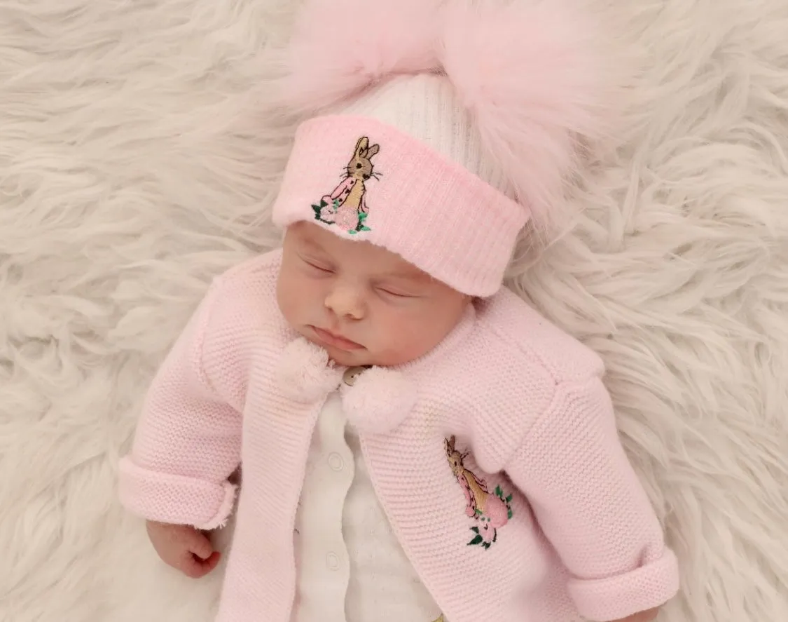 First size Beatrix potter  Flospy Bunny luxury faux Fur Pom Hat white/pink trim
