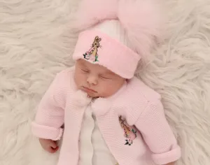 First size Beatrix potter  Flospy Bunny luxury faux Fur Pom Hat white/pink trim
