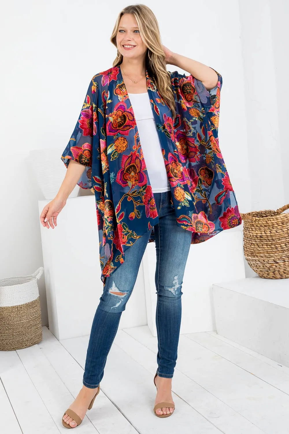 Floral Vintage Style Burnout Kimono