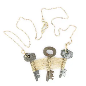 Fukayna - Triple Skeleton Key Long Gold Necklace