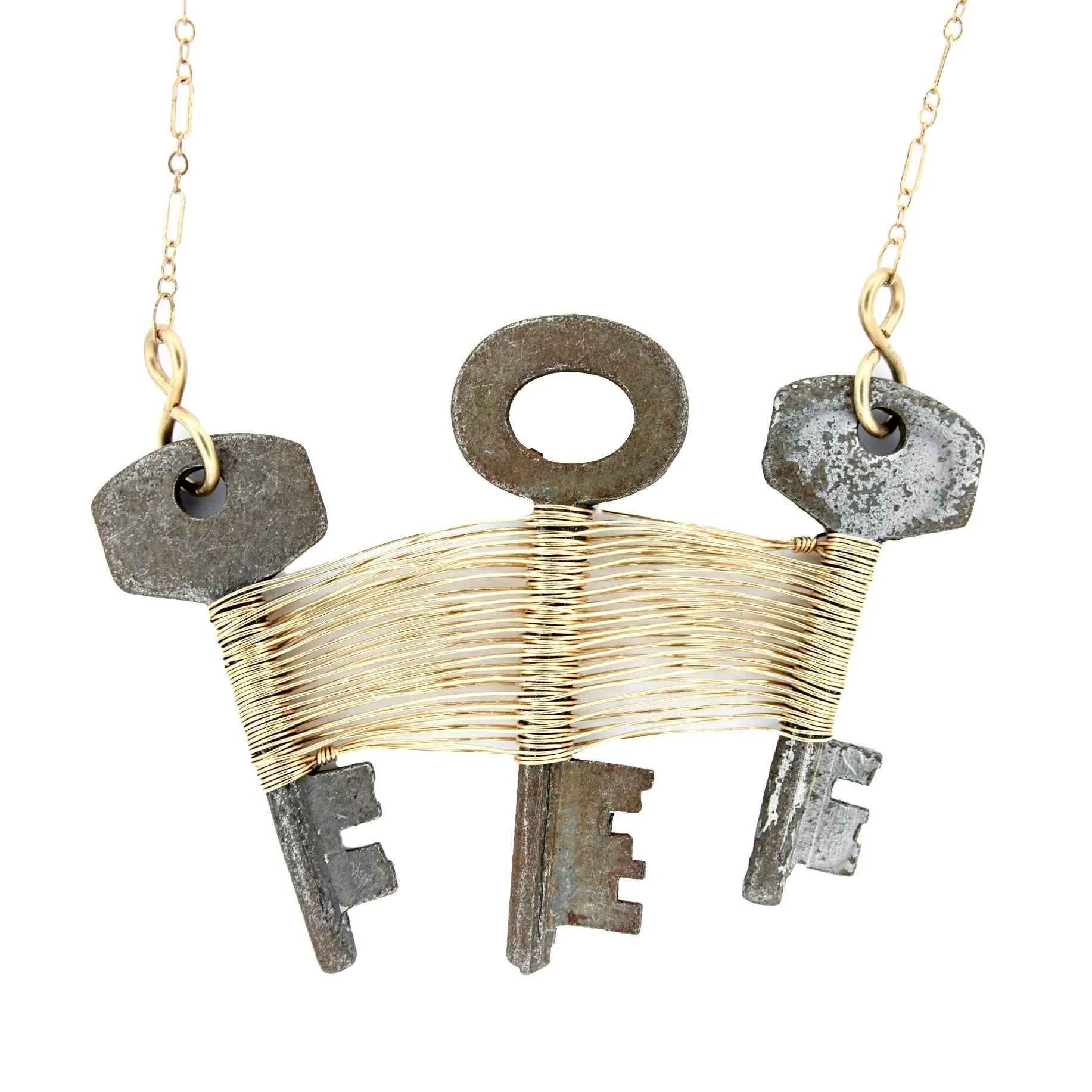 Fukayna - Triple Skeleton Key Long Gold Necklace