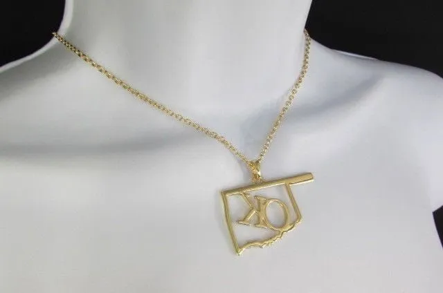 Gold Long Chains OK Oklahoma Pendant 18" Necklace Earrings Set
